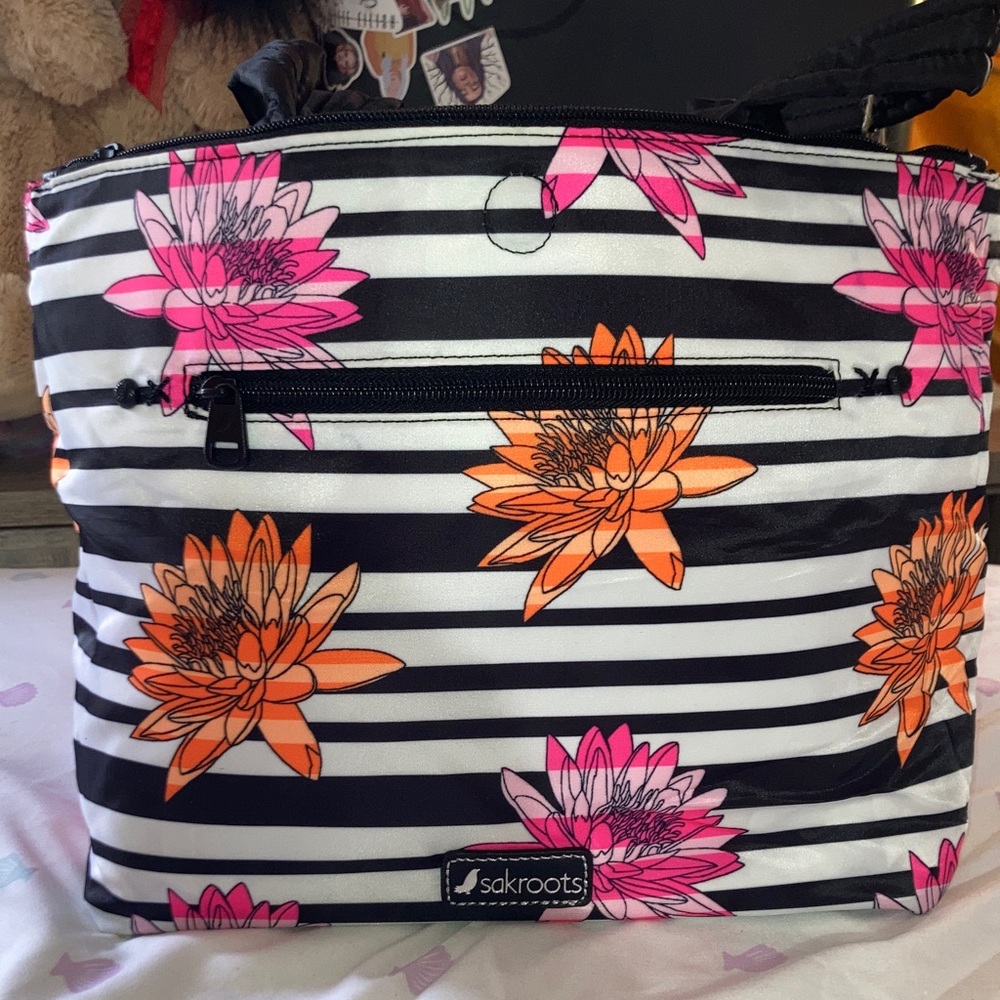 Sakroots Black and White Striped Bag with Pink and Orange Floral Design - Picture 1 of 4